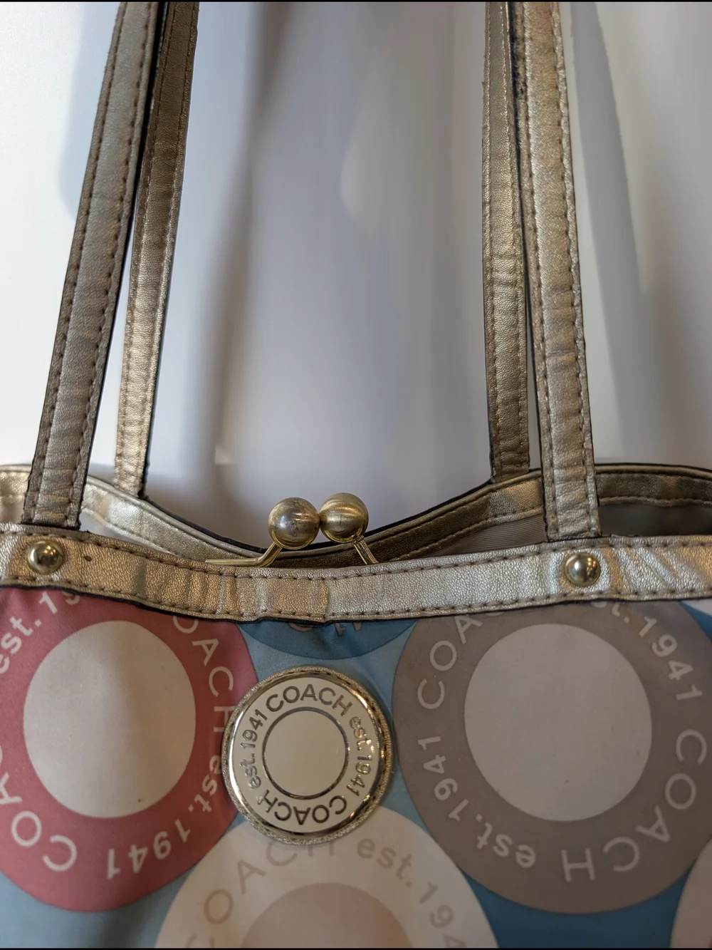 COACH Multicolor Circle Print “Est. 1941” Satchel with Gold Trim Tote Bag - Picture 14 of 16